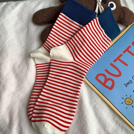 Bala socks women's pure cotton striped medium tube socks fashion Korea Dongdaemun autumn and winter retro college style stockings women
