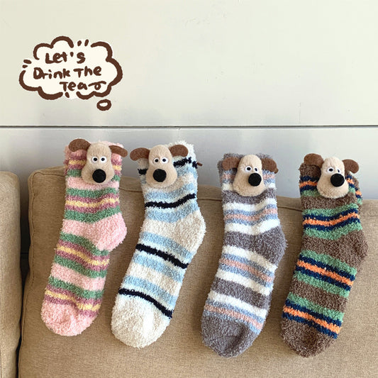 Bala socks Cute dog coral fleece socks women's winter warm home floor socks cute cartoon three-dimensional thickened fleece medium tube socks