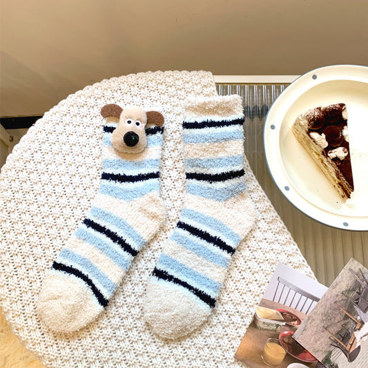 Bala socks Cute dog coral fleece socks women's winter warm home floor socks cute cartoon three-dimensional thickened fleece medium tube socks