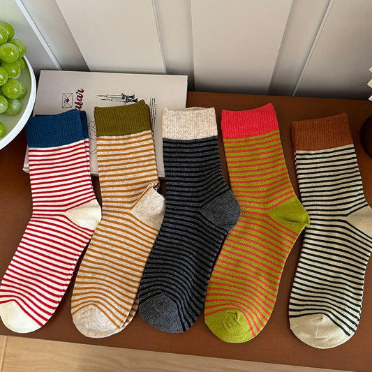 Bala socks women's pure cotton striped medium tube socks fashion Korea Dongdaemun autumn and winter retro college style stockings women