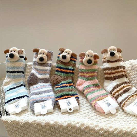 Bala socks Cute dog coral fleece socks women's winter warm home floor socks cute cartoon three-dimensional thickened fleece medium tube socks